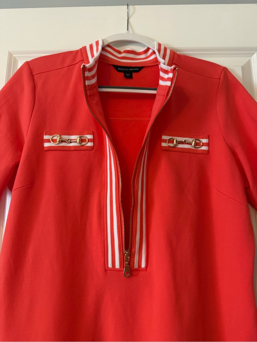Boston Proper Coral Red Striped Half-Zip Dress with Gold Accents size lg